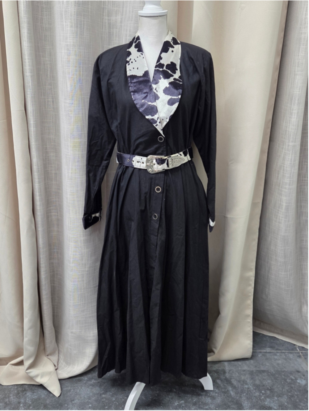 Vintage Sas'Sa Black Maxi Dress Cow-Print S Disco Cowgirl Rodeo Chic Whimsygoth